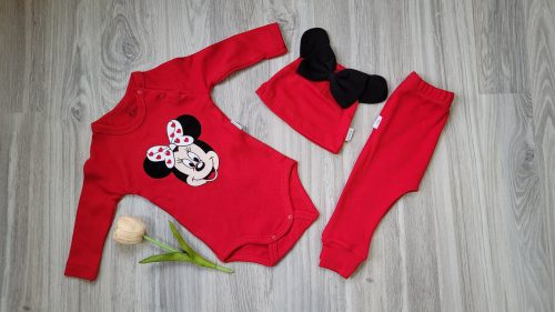 Kisbaba piros minnie egeres body+nadrág+sapka szett